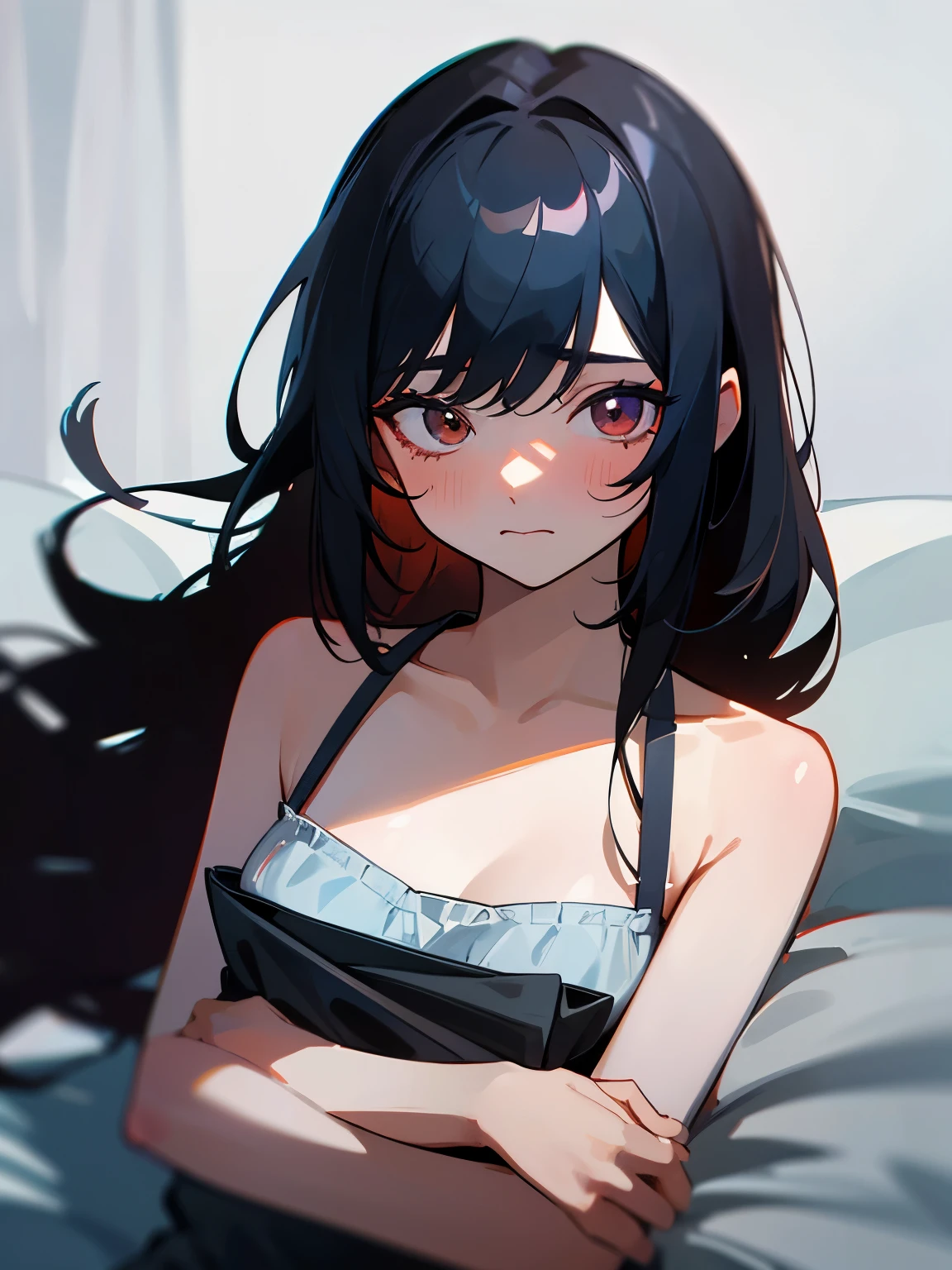 (masterpiece, best quality, absurdres, very detailed eyes), 1girl, solo, solofocus, black hair, long hair, red eyes, bangs, closeup, teenager, cyberpunk, 20 year old, 1girl, ? 1girl 6748210? alternate costume 352806? bare shoulders 997274? bed sheet 106534? blue camisole 1087?  942355? blush 3449032?  4309256? camisole 38354? closed mouth 968802? dutch angle 128010? hair down 26570? hugging object 22941? looking at viewer 3394084? lying 569485?  872078?  329057? messy hair 60901? no bra 159600? on bed 136227? on stomach 68177? pillow 164449? pillow hug 8658? 145179? solo 5238747? 6314?  14121? under covers 10479? upper body 693358 one eye closed yawning