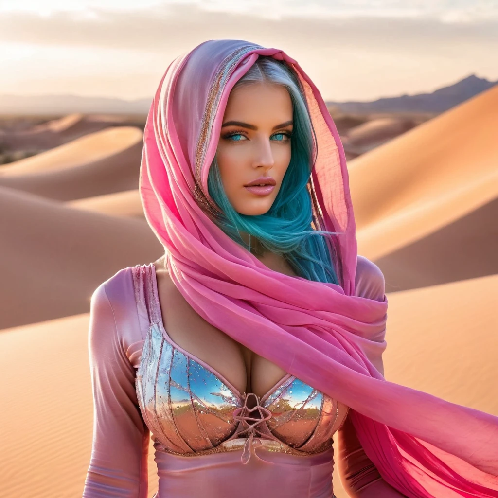 Generate a (hyperdetailed, realistic, Full Body), photo of Nia, (((turquoise color eyes))), (((long, silky, straight, Ombre blend of shimmering silver and celestial blue hair))), (((Position Nia with her long, silky hair styled in a voluminous loose waves hairstyle, strands framing her face delicately))), (fair skin:1.4), (((Massive round natural breasts with deep cleavage))), (Massive round natural Breasts:1.6) with deep cleavage, (Greek and Russian mix ethnicity), (hourglass figure, perfect body, NSFW, perfect anatomy, masterpiece, best quality). She is walking gracefully through the desert sands. Her long, shimmering silver and celestial blue hair moves gracefully in the wind with see through pink scarf covering her nose and lips, complementing her elegant solid pink color desert dancer attire. She wears a pink color sand dune hooded solid pink color desert dancer attire with a see through pink scarf covering her nose and lips. The pink scarf covering her nose and lips flutters slightly, adding to the sense of movement. Her eyes show a serene expression, reflecting the tranquility of the desert landscape. She wears a pink color desert dancer attire flowing with the wind. Her eyes show a mix of hope and sorrow, reflecting the distant horizon.
