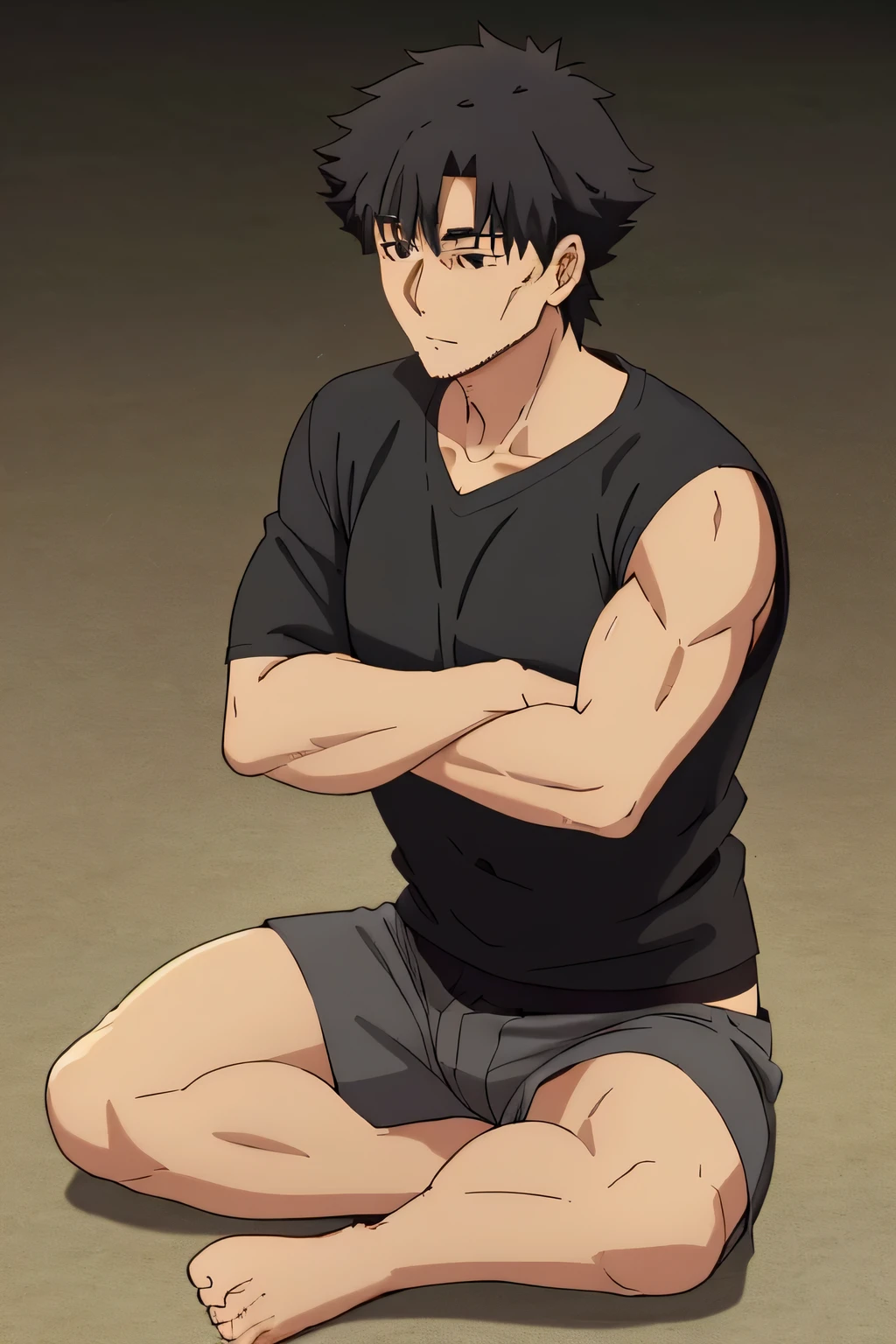 Kiritsugu is sitting and flexing his arms. He wears a black tshirt with short sleeves. His right sleeve is completely rolled up, so you can see his entire arm and shoulder. He wears black short boxershorts. You can see his thighs completely. He has a huge bulge. You can see his abs too. He is admiring his arms.