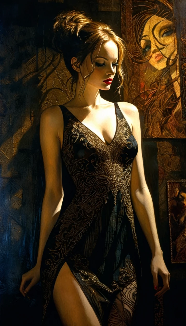 the sexy goddess , very sexy embroidered dress, between shadows, oil painting, chiaroscuro, sensual, dramatic lighting, moody atmosphere, photorealistic, intricate details, masterpiece, ultra-detailed, high quality, 8k, best quality, realistic, cinematic, dark and brooding, expressionistic, powerful composition, emotional impact, Dave McKean inspired art
