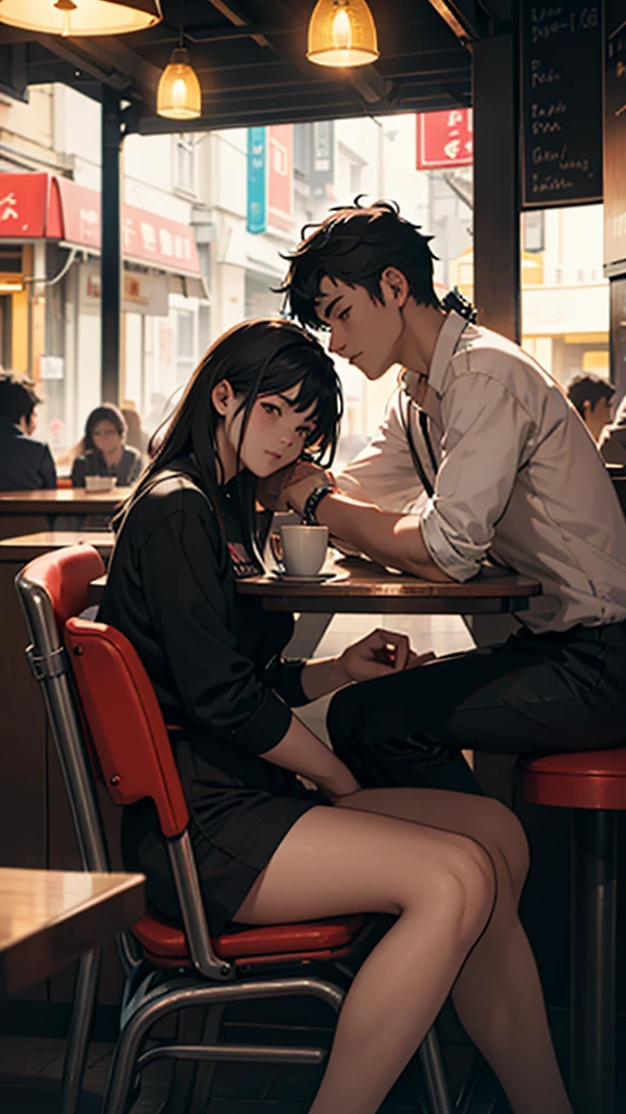 A young couple is sitting inside a cafe. The girl is wearing short clothes with, big hips,  Colorful lights are burning in the cafe. Moody color, Sharpness 