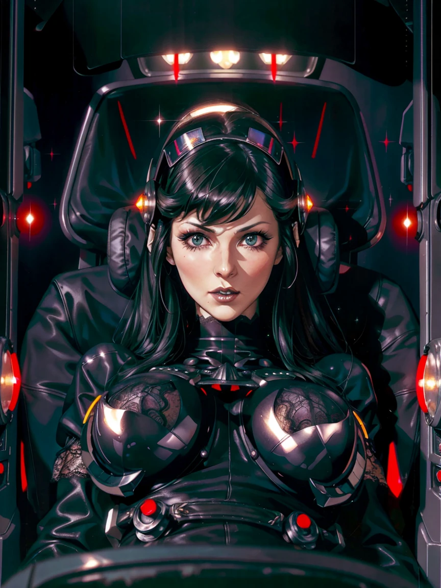 (((gothic vampire piloting) in gothic spacecraft)), (((retro anime))), ((from below)), ((120 fov)), ((((gothic)) control panels)), (((mature))), (((gothic))), (iridescent) bodysuit, ((((lace accessories)))), ((pilot seat)), ((((lying back)) pose)), (((elegant))), (((serious tone))), ((cockpit top control panel)), intricate control panel details, close-up, 1990s (style), masterpiece, ((claustrophobic)), best quality, screens, ((pilot helmet)), night, ((low key light)), (colorful cockpit lights), sparkles, (dramatic lighting), sweat, [blushing], [[pointy ears]], (dark background)