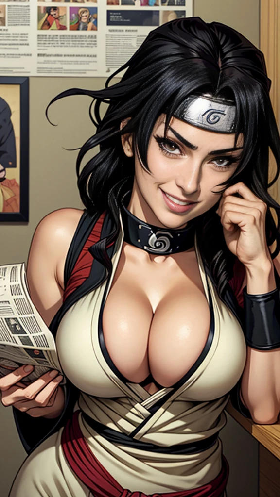 Naruto , tsunade senju, beautiful face, black wavy hair, top, tanga, cleavage, perfect breasts, pokies, grinning, newspaper office