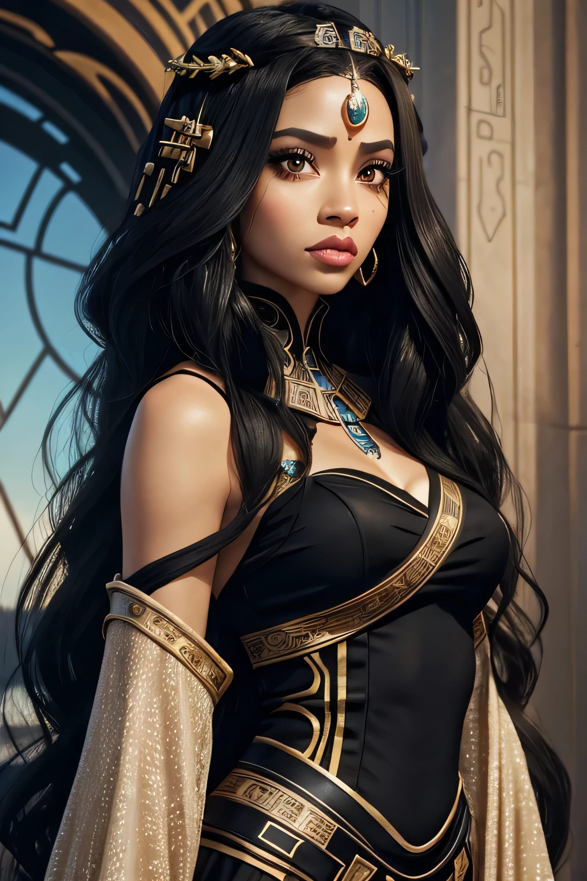 ((best quality)) ((detailed)) ((masterpiece)) lightskin, black really long and big hair, black eyes , star wars, senator of naboo, queen of Naboo, naboo, castle, goddess, ancient makeup, , full lips, lightskin, ancient makeup, majestic looking, Angelic looking ((Lightskin)) ((rosy cheeks)) ((senator)) ((beautiful)) ((star wars)) ((queen of naboo)) ((siren eyes)) ((black eyes)) ((angelic)) ((black hair)) ((4k)) ((cute dress))