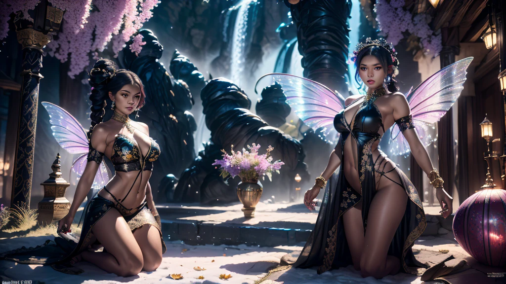 "1 beautiful black fairy woman with African ethnicity. A stunning, ethereal depiction of a mesmerizing Flower Fairy in a fantasy realm. The fairy has delicate wings and is adorned in vibrant floral attire., radiating an unearthly glow. doggystile, surreal, TESO, Panas, highy detailed, Spitz, proffesional, 8k hd, twilight, film, tenebrosa, violent, plein-air, Riu, buttler, chase, Dramatic, vivid, Clima TESO, rendered, epic, twilight, nffsw, Tiered, snowstorm, lightning, disaster