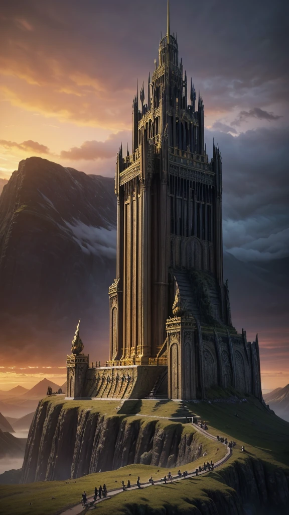 Big golden valhalla gates on a mountain with stairs, Norse mythology, viking boats sailing, beautiful day, clouds, sunset, Epic fantasy novel cover art, 3D rendering and matte painting, Arcane Style Viking Battleship, matte painting movie poster, symmetrical epic fantasy art, high dark fantasy painting, an epic fantasy, high fantasy art film poster, amazing exquisite matte painting,