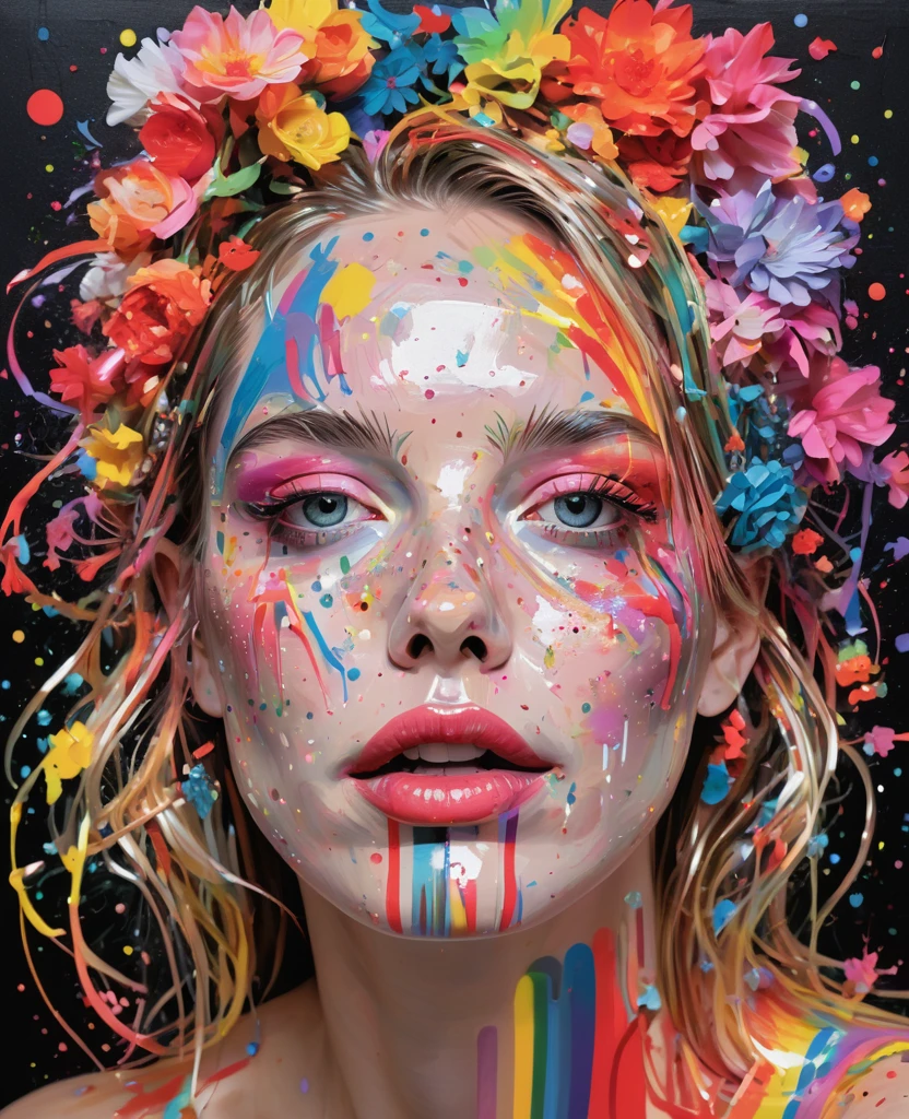 Graffiti, scribble, Comics by Petra Cortright, best quality, masterpiece, glittery rainbows artwork, Representative work, official art, Professional, Ultra intricate detailed, 8k, rainbow art, black background