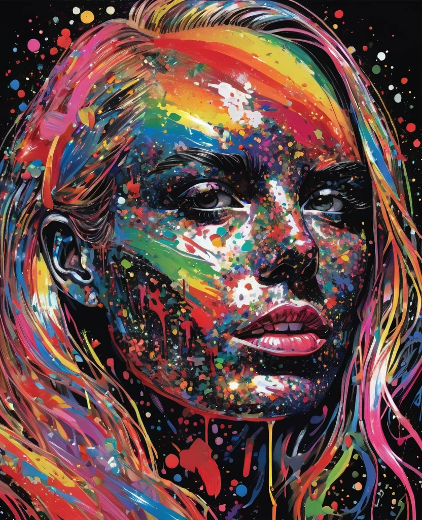 Graffiti, scribble, Comics by Petra Cortright, best quality, masterpiece, glittery rainbows artwork, Representative work, official art, Professional, Ultra intricate detailed, 8k, rainbow art, black background