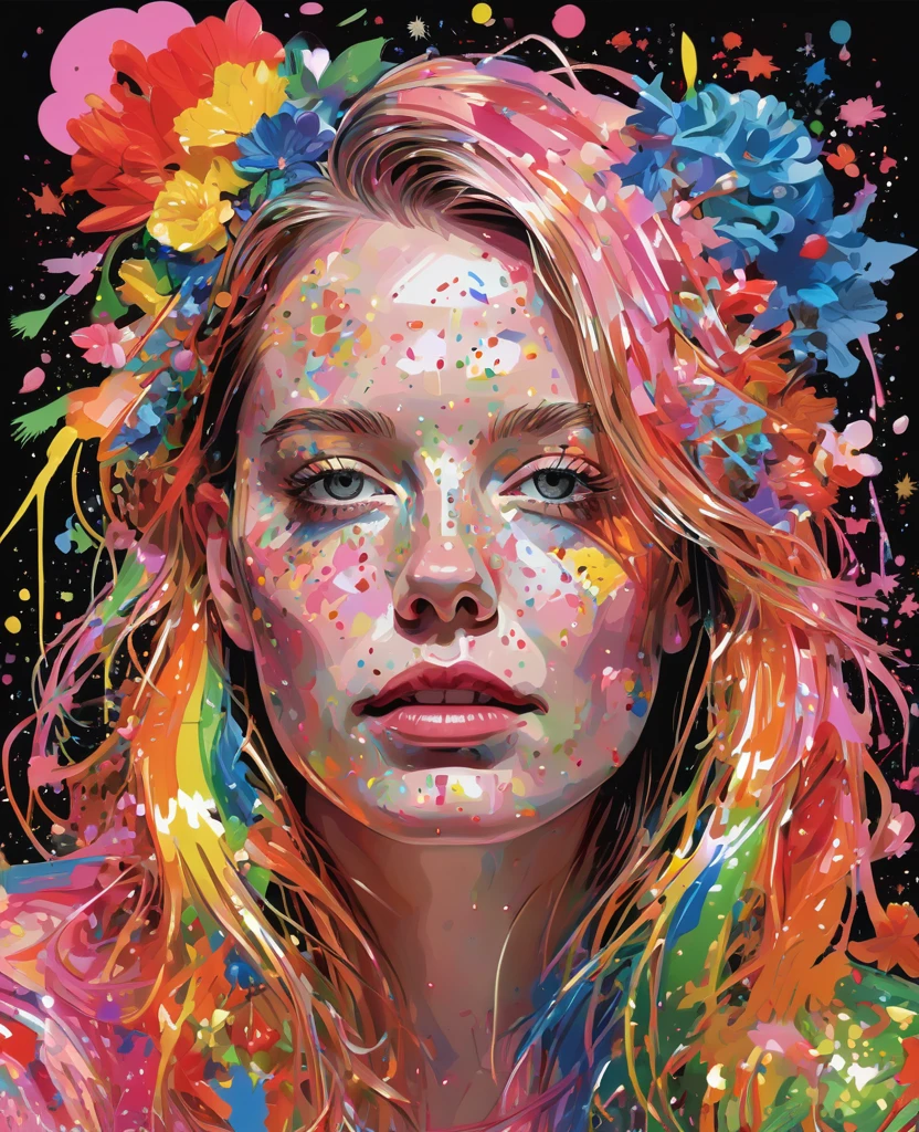 Graffiti, scribble, Comics by Petra Cortright, best quality, masterpiece, glittery rainbows artwork, Representative work, official art, Professional, Ultra intricate detailed, 8k, rainbow art, black background