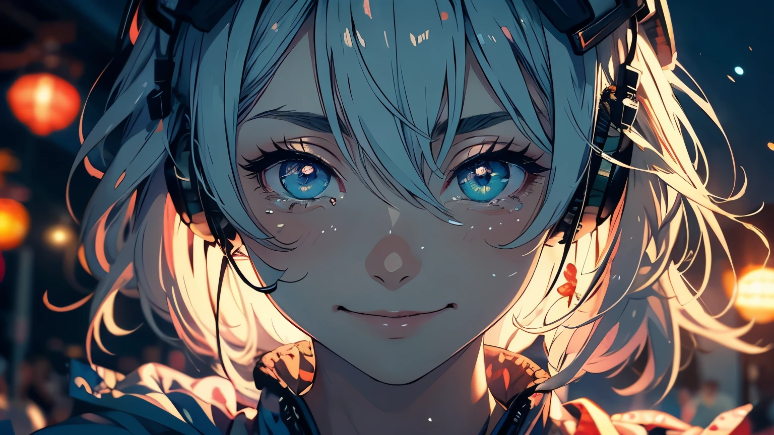 wallpaper, masterpiece,Highest quality, 1 Girl, Embarrassing, blush, Intimate, Perfect Face, Expressive eyes, Intricate details, Happy, emotion, soul, fun expression, fun表情, Expressive Break, colorful, fun ,fun, Happy, Abstract background, universe, Expressive colors, Jacket, like, wearing headphones, white hair, upper body, Crying、 tears、 night