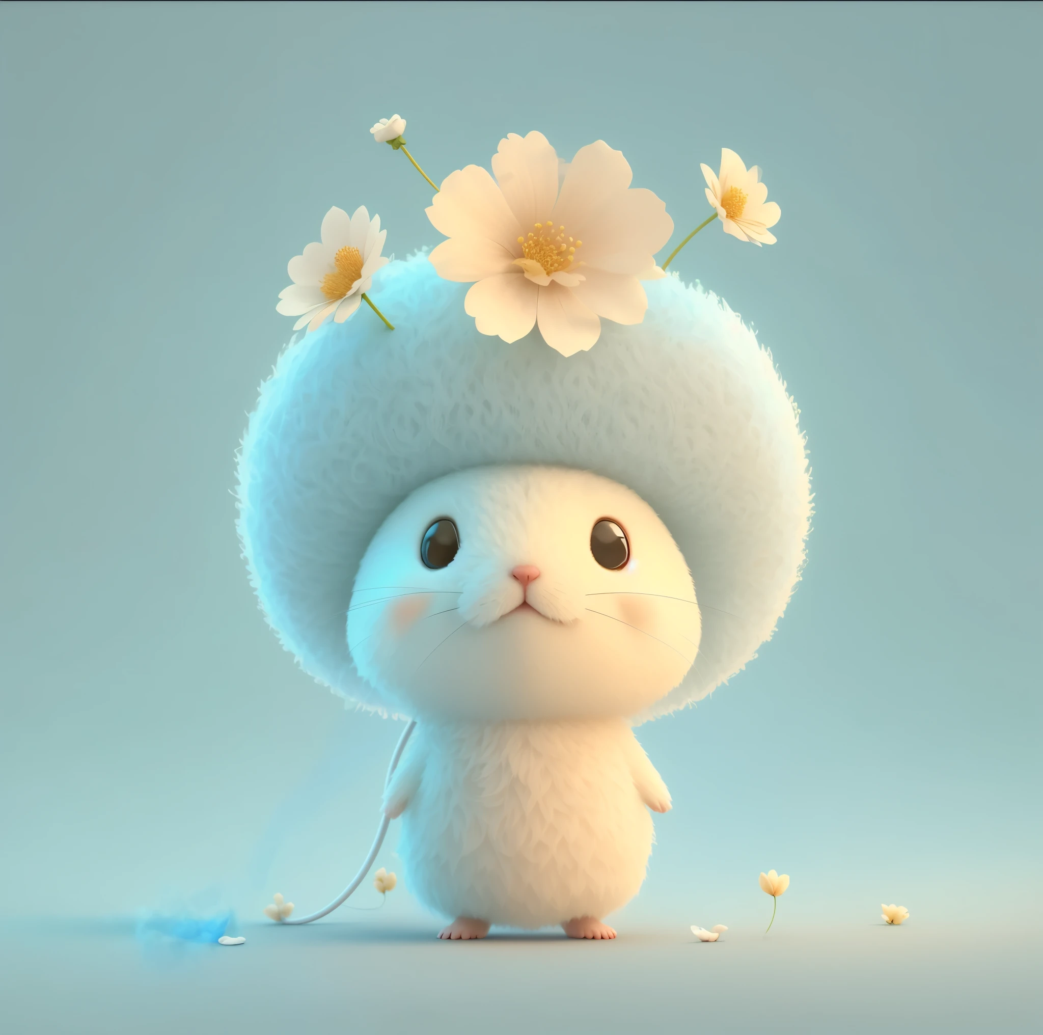 One wore a blue hat,A little white mouse with a flower on its head, cute 3 d render, Cute! C4D, lovely digital painting, adorable digital art, Cute detailed digital art, soft 3d render, Cute cartoon character, beautiful mouse - girl, cute character, smooth 3d cg render, gorgeous 3d render, 3 d render stylized