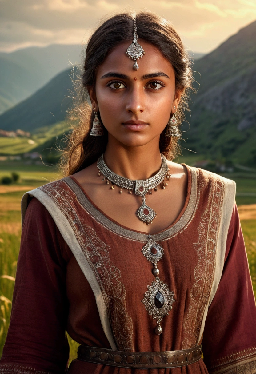 A beautiful young medieval woman, detailed brown eyes, long eyelashes, confident expression, tanned skin, mix of Indian and European features, wearing a tunic, in a field surrounded by mountains, she is a leader, confident woman, high quality, detailed, photorealistic, cinematic lighting, vibrant colors, fantasy art