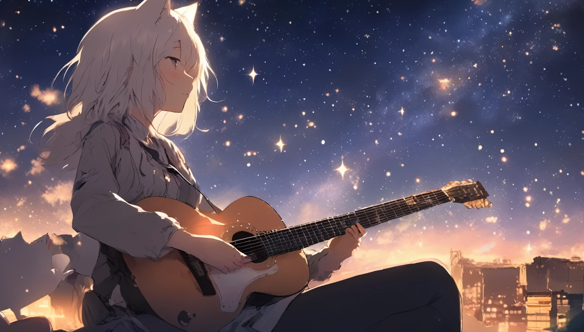 Imagine a scene of a girl playing the guitar alone while gazing at the stars.. anime, White Hair, Cat ear. That's her charm.
