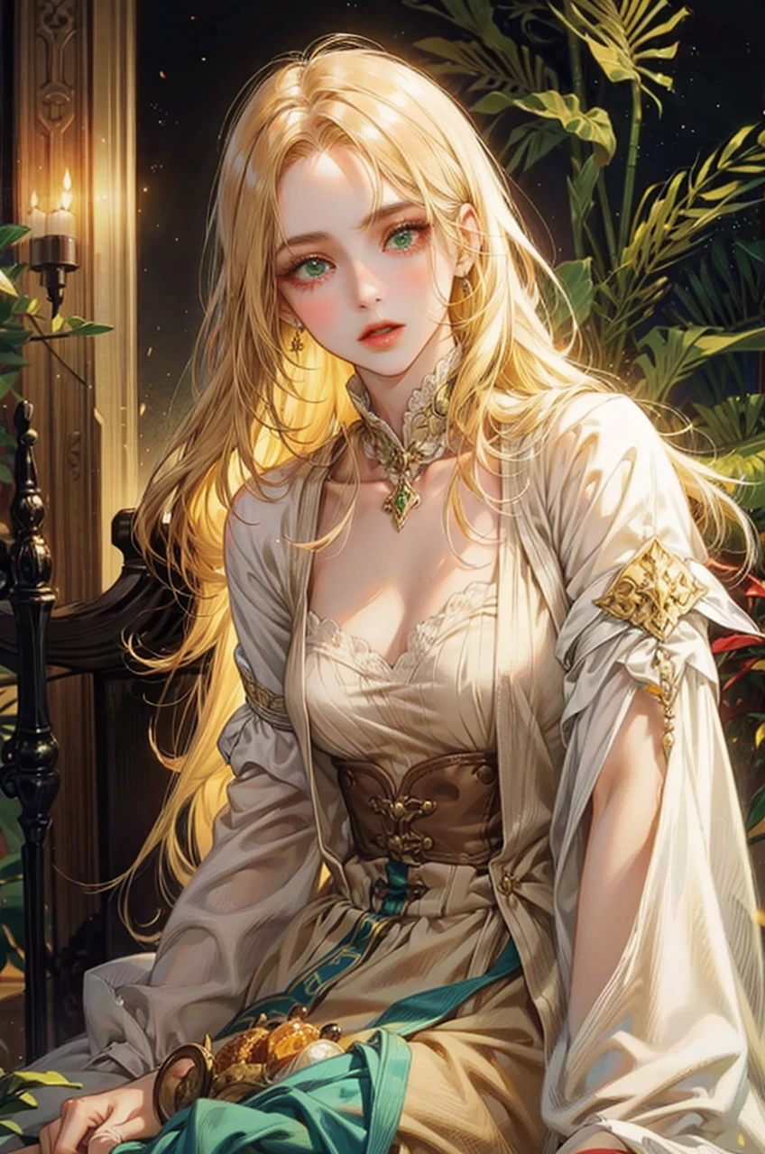 Noble woman, Caucasian skin, long face, greeneyes, honey colored hair, With closed clothes