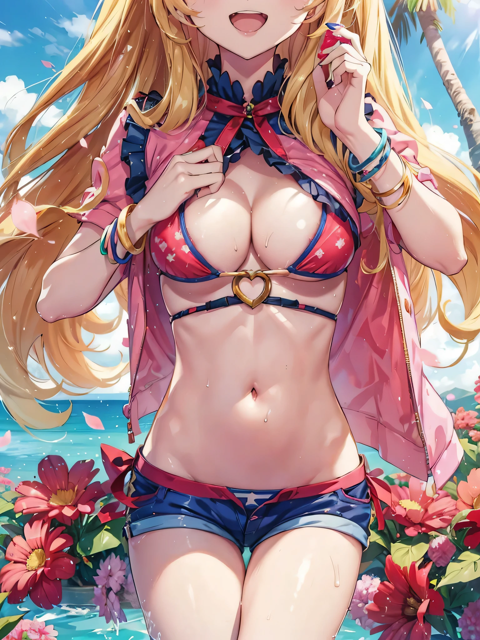 an anime character is seen fully nude with the words "hime" above her, 1girl, hoshimiya ichigo, swimsuit, blonde hair, bikini, long hair, shorts, breasts, smile, open mouth, red eyes, looking at viewer, navel, cleavage, day, sky, pink bikini, bracelet