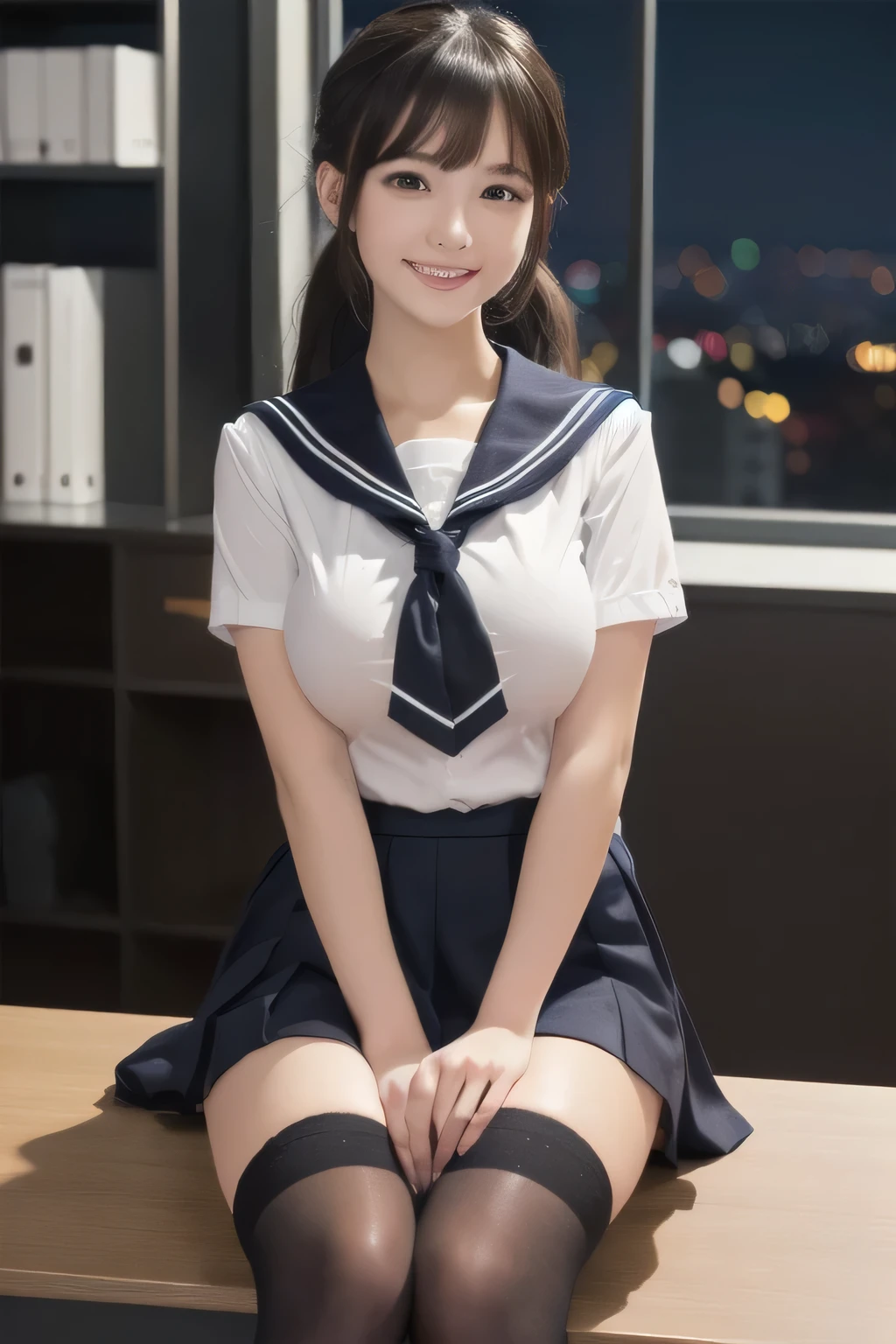 very cute and beautiful girl,,(highly detailed beautiful face and eyes:1.2), (((whole body))), ((black large hair))), ((bangs)), ((ponytail)), (((large breasts))), (((sailor school uniform))), (((black stockings))), ((big smile)), (((office escenary))) (best quality masterpiece:1.2),intricate details, solo, 8 k resolution, (((night))), (very weak lighting), extremely detailed cg, (((office background)))