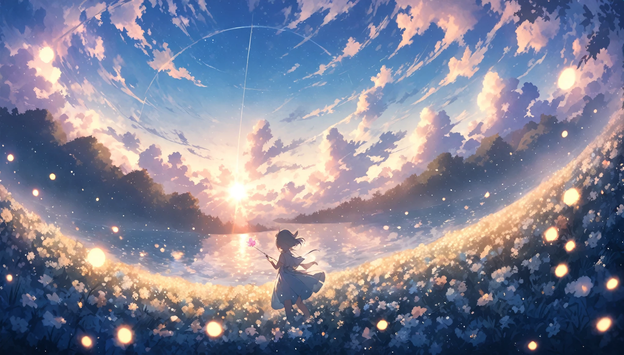 blue sky, White clouds floating in the distance, Standing on a sea of flowers, holding a fairy wand、There are fireflies flying around. The background is filled with cloud flowers of all sizes., Creates a dreamy, dreamy atmosphere with blue tones. High-definition anime style, High resolution. Panoramic view from above, Capturing the vastness of nature. Soft lighting creates a warm atmosphere.