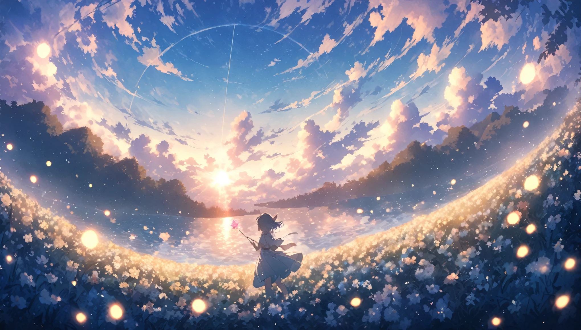 blue sky, White clouds floating in the distance, Standing on a sea of flowers, holding a fairy wand、There are fireflies flying around. The background is filled with cloud flowers of all sizes., Creates a dreamy, dreamy atmosphere with blue tones. High-definition anime style, High resolution. Panoramic view from above, Capturing the vastness of nature. Soft lighting creates a warm atmosphere.