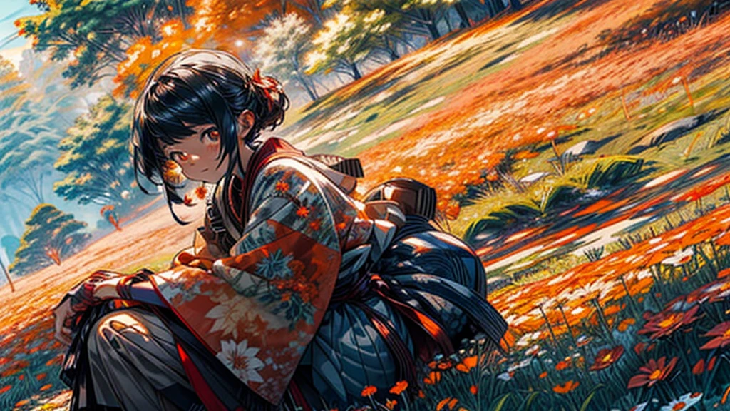 masterpiece,best quality,lycoris,flower field,depth of field,dusk,orange sky,sunset,glow,lake,autumn,maple,fallen leaves, mountain ((tileset))