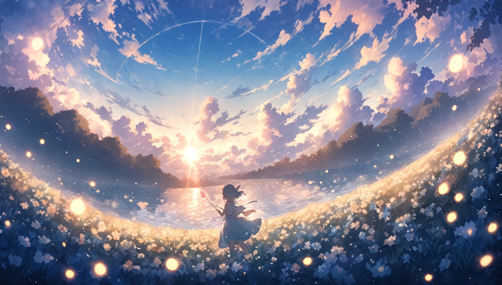 blue sky, White clouds floating in the distance, Standing on a sea of flowers, holding a fairy wand、There are fireflies flying around. The background is filled with cloud flowers of all sizes., Creates a dreamy, dreamy atmosphere with blue tones. High-definition anime style, High resolution. Panoramic view from above, Capturing the vastness of nature. Soft lighting creates a warm atmosphere.