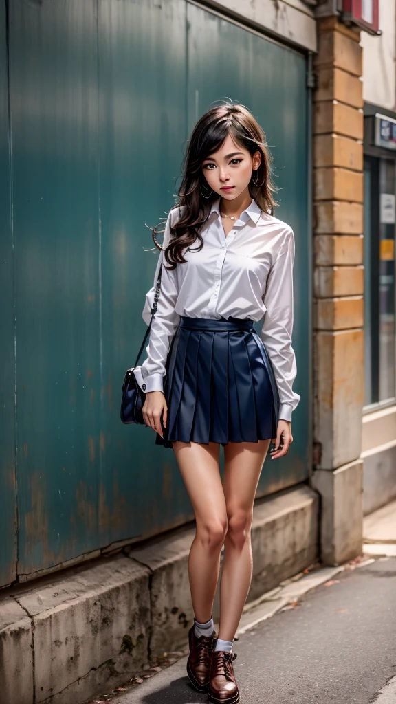 ((anime, Professional Anime style, A fair-skinned young woman with waist-length dark brown hair and brown eyes. She is described as a very pretty and attractive girl., and is often seen wearing the standard , consisting of a white shirt with a red tie, an ultra-short navy blue pleated mini skirt and brown shoes))