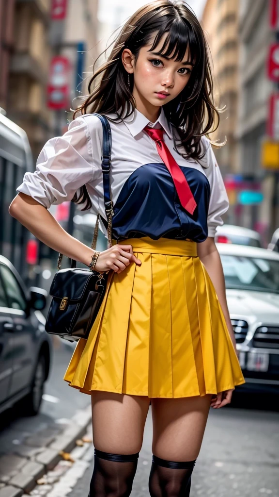 ((anime, Professional Anime style, A fair-skinned young woman with waist-length dark brown hair and brown eyes. She is described as a very pretty and attractive girl., and is often seen wearing the standard , consisting of a white shirt with a red tie, an ultra-short navy blue pleated mini skirt and brown shoes))