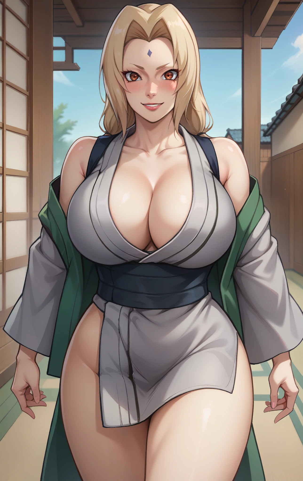 score_9, score_8_up, score_7_up, score_9, source_anime, BREAK   TsunadeSDXL, 1girl, solo, long hair, breasts, looking at viewer, blush, smile, bangs, blonde hair, long sleeves, cleavage, bare shoulders, brown eyes, standing, collarbone, thighs, parted lips, japanese clothes, pants, kimono, off shoulder, huge breasts, super thin waist, parted bangs, sash, facial mark, obi, curvy, mature female, forehead mark, grey kimono, tsunade (naruto)