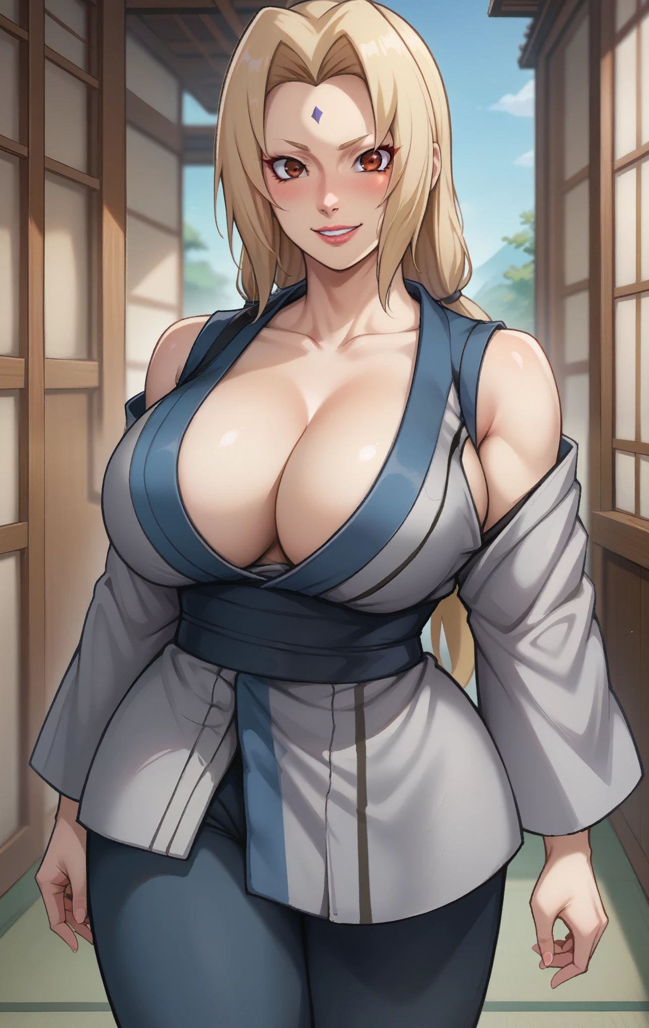 score_9, score_8_up, score_7_up, score_9, source_anime, BREAK   TsunadeSDXL, 1girl, solo, long hair, breasts, looking at viewer, blush, smile, bangs, blonde hair, long sleeves, cleavage, bare shoulders, brown eyes, standing, collarbone, thighs, parted lips, japanese clothes, pants, kimono, off shoulder, huge breasts, super thin waist, parted bangs, sash, facial mark, obi, curvy, mature female, forehead mark, grey kimono, tsunade (naruto)