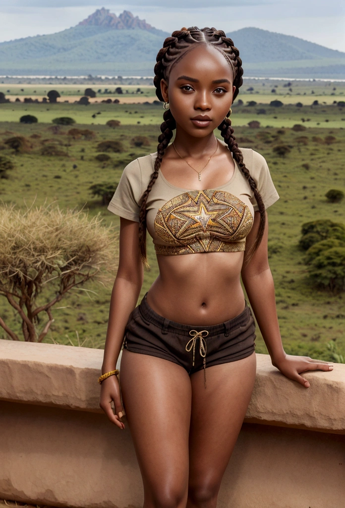 Beautiful 22 year old East African star with frame and small perky breasts standing and posing in safari gear in Kenyan savannah, t-shirt and shorts, braids, dark brown skin, mountains in background, full-body portrait hyperrealism