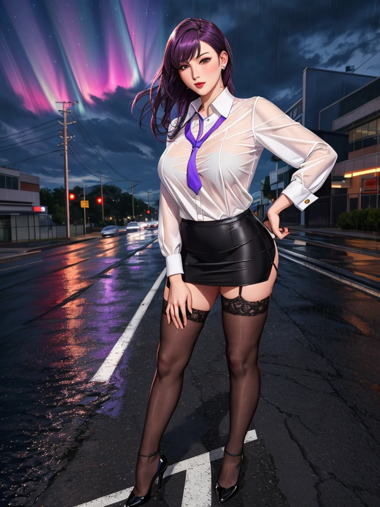 office lady, high resolution, Masterpiece, Anatomically correct, Highly detailed, realistic textures, blushing, dark purple hair, , big breasts, BIG ASS, purple eyes, woman is salking on street, night sky, aurora backgroung, white shirt, short skirt, full body, Embarrassed, serious, Contemptuous look, red lips, Big eyes, secretary uniform, sexy lady, rain, shadow on the road, lion on electricity post, Wet shirt, diamond eyes, wear black stocking, Embarrassed, A thin smile., looking at the audience, with a real cat and rise hair, lickings mouth, long hair, I put my hair behind one ear., long hair, wear white shirt, wear black suit, realistic textures, high resolutionสุด, very detailed, quality,