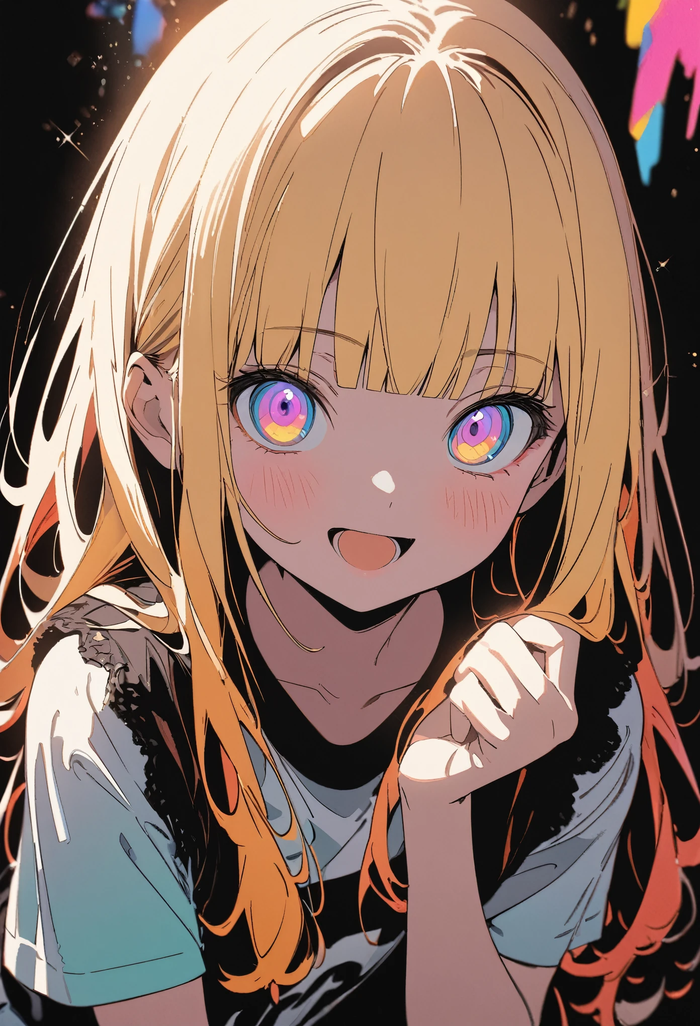 ((Masterpiece)), ((best quality)), (flat color), (flat shading), (super detail:1.2), (High Definition:1.3), ((extremely detailed)), (8K), (Professional Photography:1.2), (very aesthetic:1.2), (absurdres:1.2), (sharp focus), (perfect light), (drop shadow), ((12 years old)), cute young Girl, Glossy unruly hair, (loose blunt bangs), blonde hair with red mesh, (glitter eyes), long hair, big eyes, (long eyelashes), ((:d)), colorful eyes, (Unfocused eyes), blush, ((dazed smile)), open mouth, ribbon belt, joy, (cute tanktop), bare arms, cute cheeks, ((Thumbs up right hand)), (colorful:1.3), cute makeup, ((against the Colorful pastel wall),), cute, (❤️🖤💗💔),