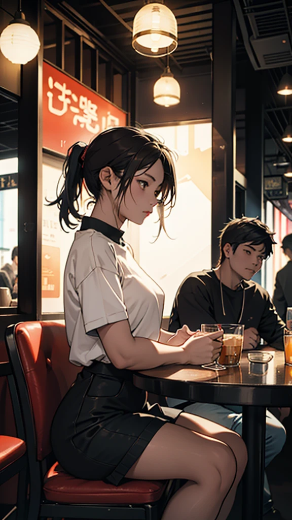 A young couple is sitting inside a cafe. The girl is wearing short clothes with, big hips,  Colorful lights are burning in the cafe. Moody color, Sharpness 