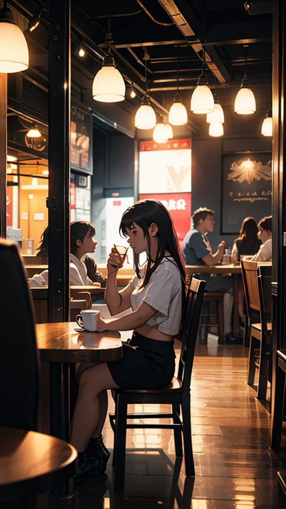 A young couple is sitting inside a cafe. The girl is wearing short clothes with, big hips,  Colorful lights are burning in the cafe. Moody color, Sharpness 
