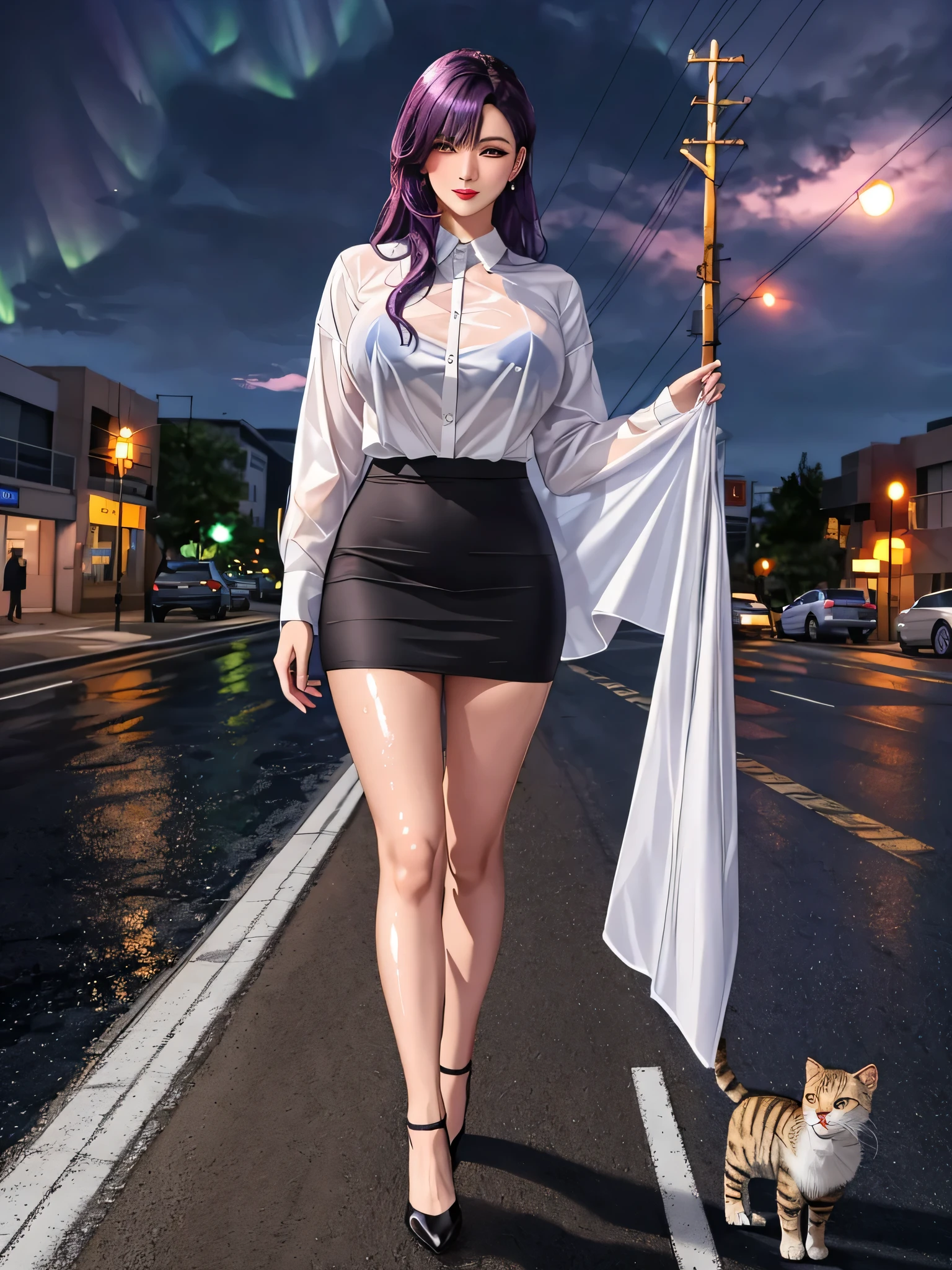 office lady, high resolution, Masterpiece, Anatomically correct, Highly detailed, realistic textures, blushing, dark purple hair, , big breasts, BIG ASS, purple eyes, woman is salking on street, night sky, aurora backgroung, white shirt, short skirt, full body, Embarrassed, serious, Contemptuous look, red lips, Big eyes, secretary uniform, sexy lady, rain, shadow on the road, lion on electricity post, Wet shirt, diamond eyes, wear black stocking, Embarrassed, A thin smile., looking at the audience, with a real cat and rise hair, lickings mouth, long hair, I put my hair behind one ear., long hair, wear white shirt, wear black suit, realistic textures, high resolutionสุด, very detailed, quality, 