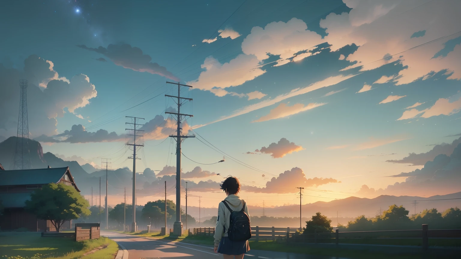 High quality masterpiece ，landscape，The Anime Trail is lined with fields，early morning， Shining starry sky。Modern China is idyllic，Pedestrians passing by in the distance，irritating，Concept Art，Lofi Art style，Reflective plate。 by makoto shinkai, Lofi Art, Beautiful anime scene, アニメのlandscape, 詳細なlandscape —幅672, In the style of Makoto Shinkai, Makoto Shinkai&#39;s Style，Detail enhancements。White Hair