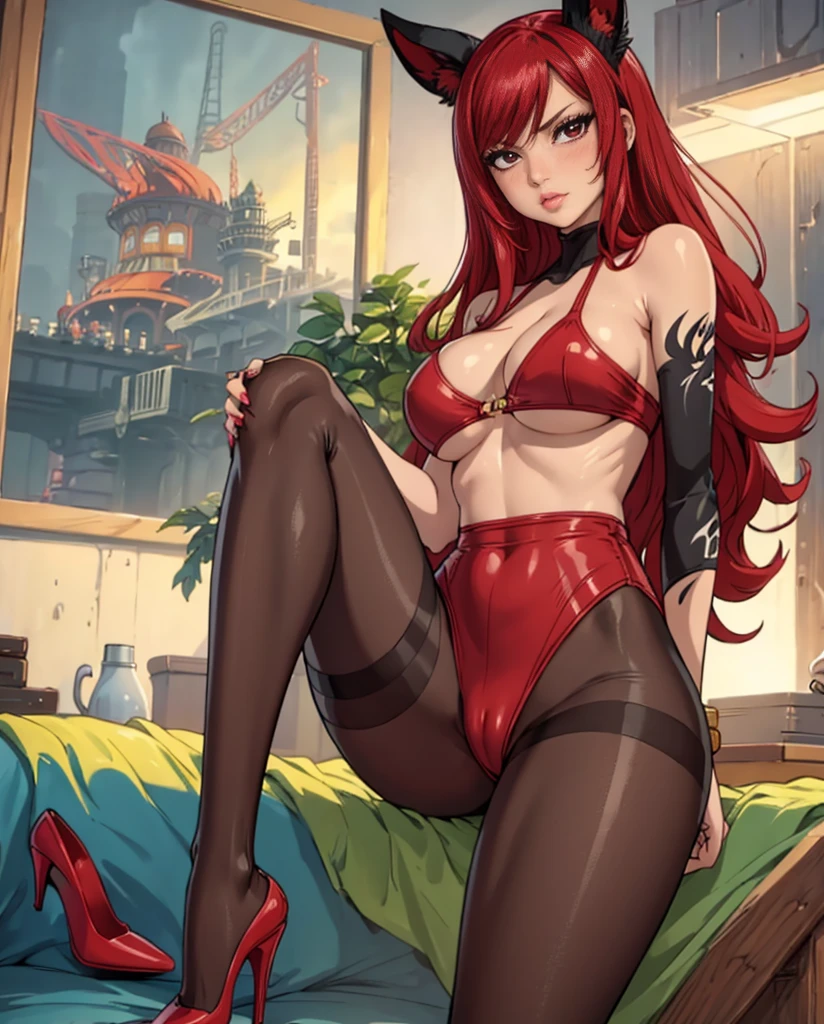 erza in a red bunnygirl outfit, tights, tattoo on left shoulder, fairytail tattoo, masterpiece, best quality, bedroom, 1girl, solo, looking at viewer, blushing, shy, embarrassed, cleavage, highheels, fullbodyshot, whole body in shot, pink painted nails, nail polish, very detailed, high quality, demanding face, detailed hair, (best quality), (masterpiece: 1.1), (very detailed CG unity 8k wallpaper: 1.1), (color: 0.9), (panoramic shot: 1.4), (single: 1.2), (splashed ink), (splashed color), ((watercolor)), clear and sharp focus, anatomically correct, toned body, very detailed anatomy, big ass, big thighs, glossy lips, wet looking lips, very detailed eyes, sexy, seducing, small waist, big hips, detailed cameltoe, make-up, mascara, red eye shadow, perfect ass, huge breasts, human ears, oiled skin, wetlook, shiny skin, tan, saturated lipstick, glossy lips,