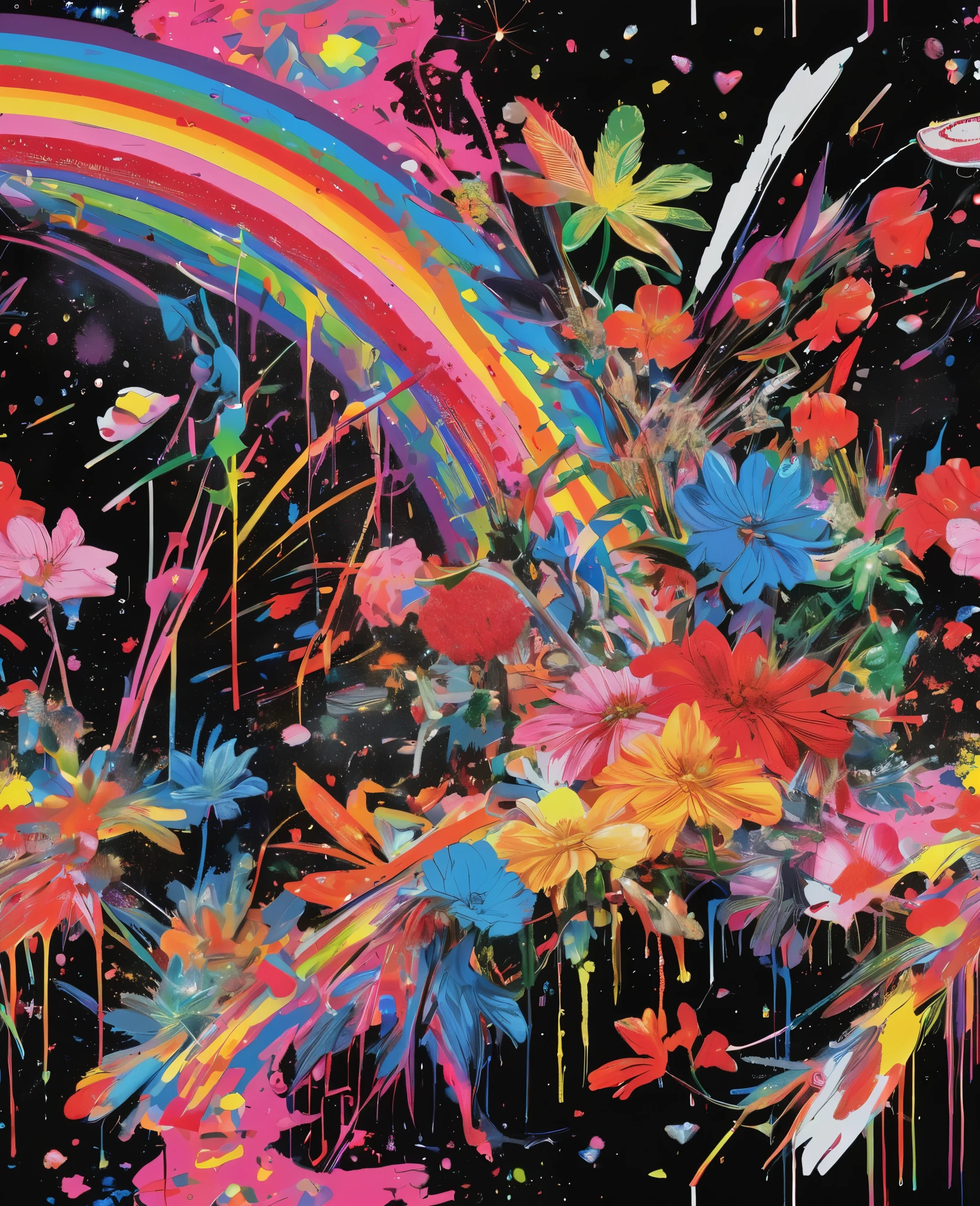 Graffiti, scribble, Comics by Petra Cortright, best quality, masterpiece, glittery rainbows artwork, Representative work, official art, Professional, Ultra intricate detailed, 8k, rainbow art, black background