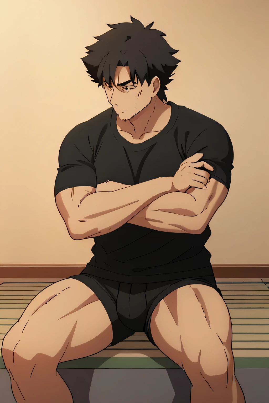 Kiritsugu is sitting and flexing his arms. He wears a black tshirt with short sleeves. His right sleeve is completely rolled up, so you can see his entire arm and shoulder. He wears black short boxershorts. You can see his thighs completely. He has a huge bulge. You can see his abs too. He is admiring his arms.