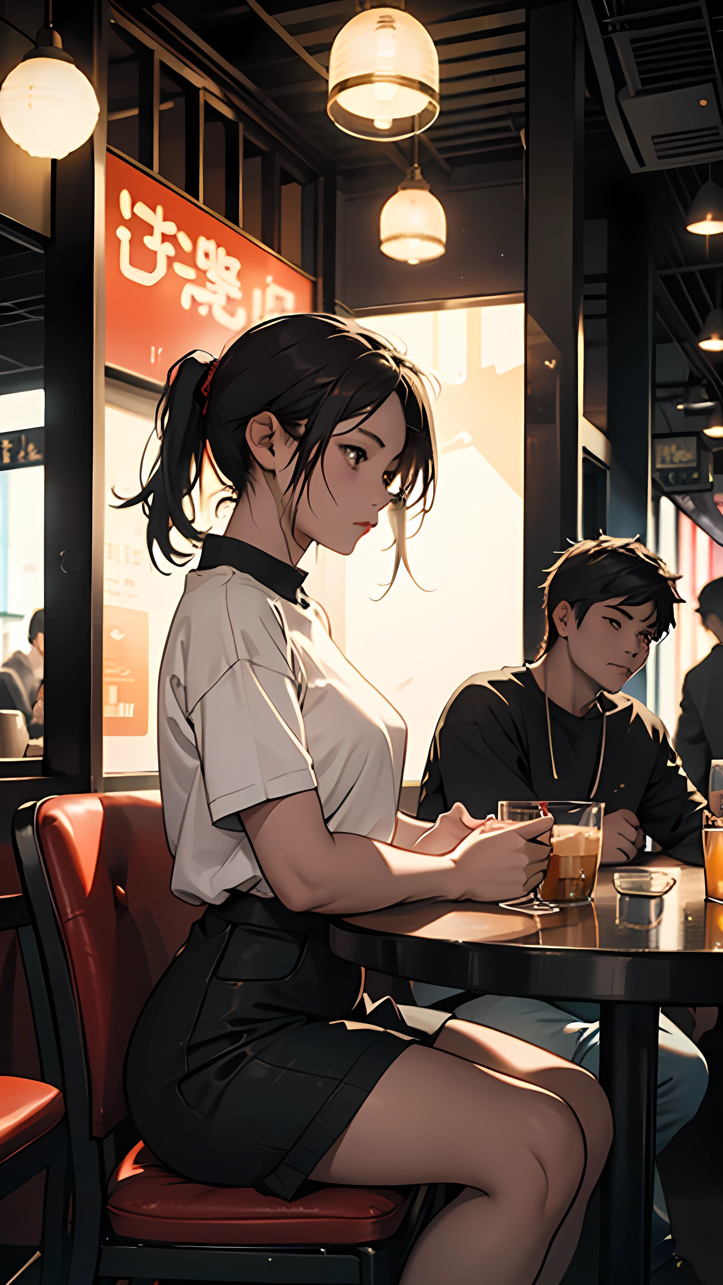 A young couple is sitting inside a cafe. The girl is wearing short clothes with, big hips,  Colorful lights are burning in the cafe. Moody color, Sharpness 