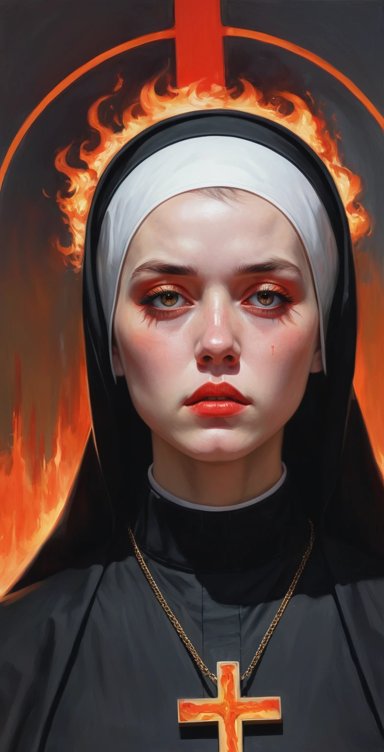 painting of a nun with a cross and a burning head, Krenz Cushart, Direction: martine johanna, guweiz masterpiece, artwork in the style of guweiz, orange halo around the head, with a red halo over her head, by Randolph Schwabe, otto schmidt, Guweiz, albert lynch, billie eilish from a sad nun