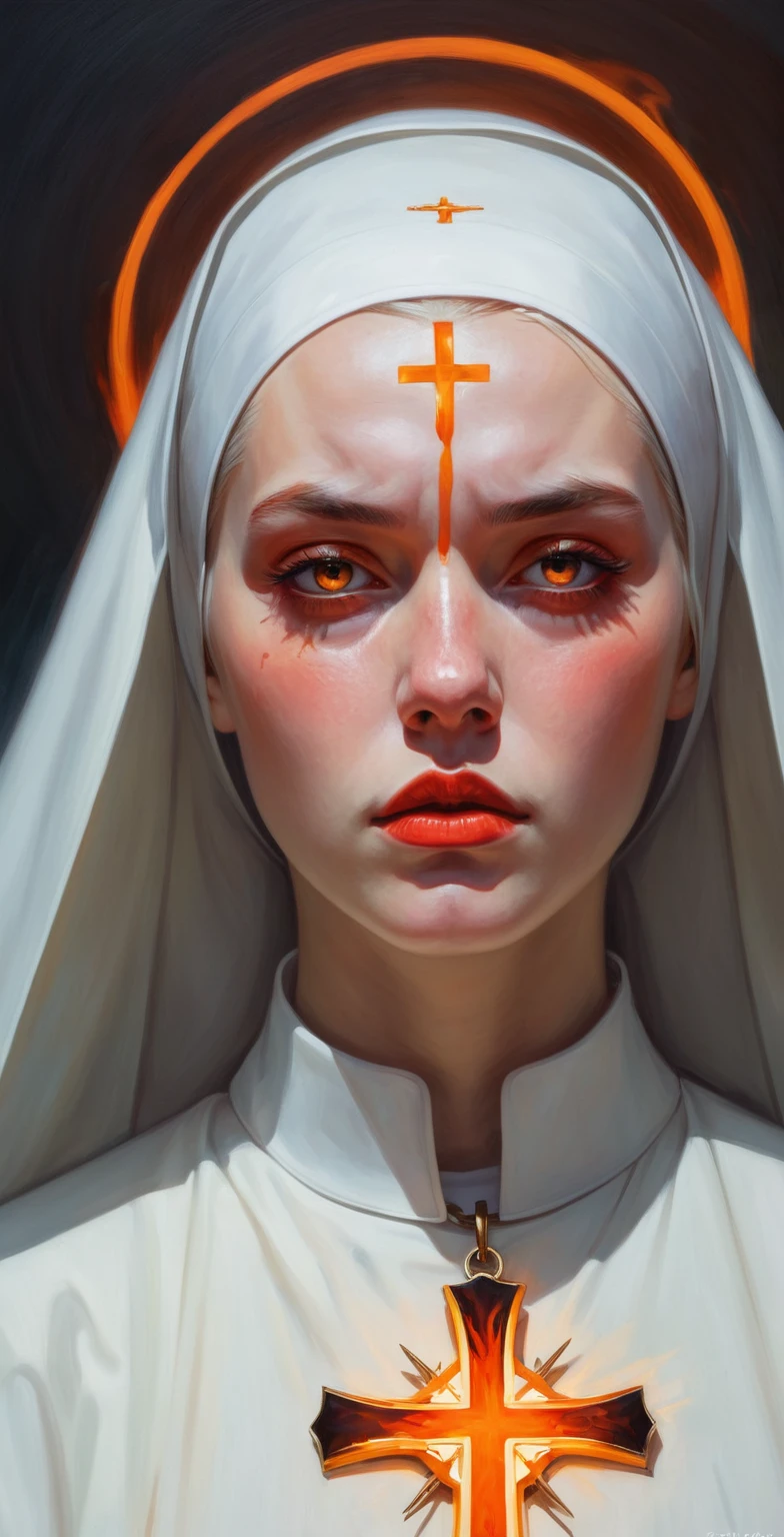 painting of a nun with a cross and a burning head, Krenz Cushart, Direction: martine johanna, guweiz masterpiece, artwork in the style of guweiz, orange halo around the head, with a red halo over her head, by Randolph Schwabe, otto schmidt, Guweiz, albert lynch, billie eilish from a sad nun