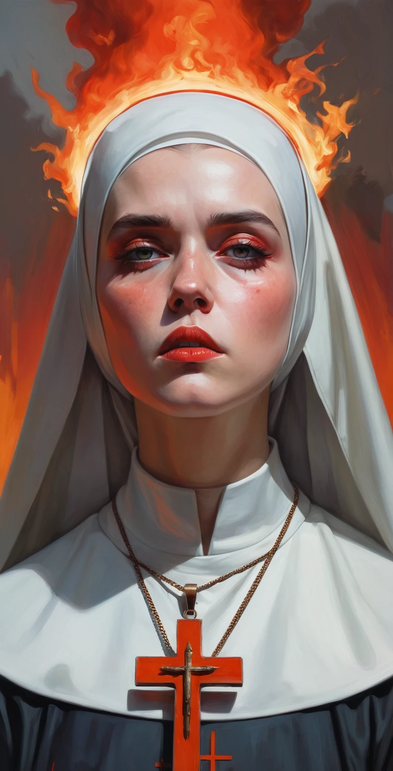 painting of a nun with a cross and a burning head, Krenz Cushart, Direction: martine johanna, guweiz masterpiece, artwork in the style of guweiz, orange halo around the head, with a red halo over her head, by Randolph Schwabe, otto schmidt, Guweiz, albert lynch, billie eilish from a sad nun