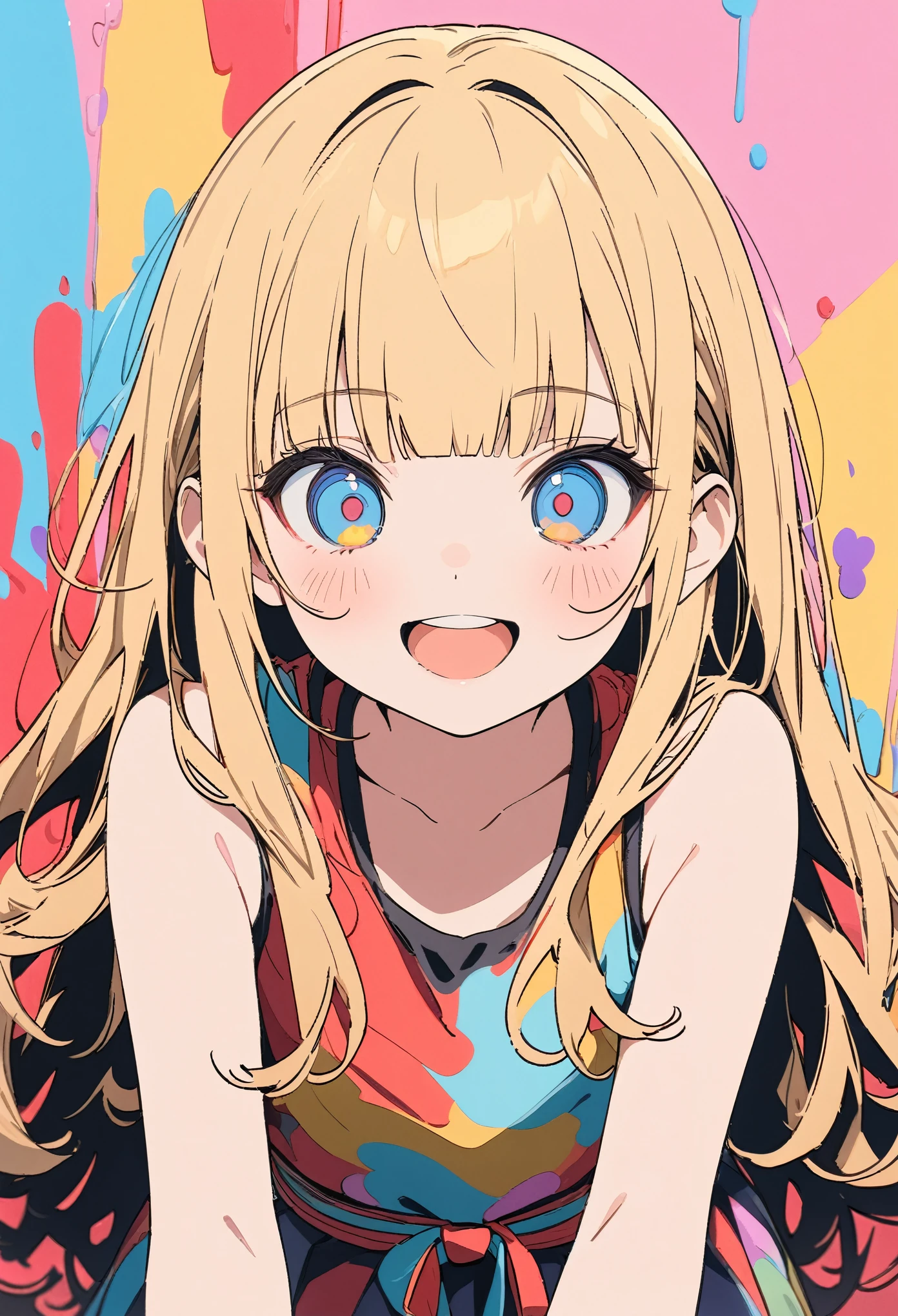 ((Masterpiece)), ((best quality)), (flat color), (flat shading), (super detail:1.2), (High Definition:1.3), ((extremely detailed)), (8K), (Professional Photography:1.2), (very aesthetic:1.2), (absurdres:1.2), (sharp focus), (perfect light), (drop shadow), (()), cute young Girl, Glossy unruly hair, (loose blunt bangs), blonde hair with red mesh, (red mesh), long hair, big eyes, (long eyelashes), ((:d)), looking at viewer, (Unfocused eyes), blush, ((dazed smile)), open mouth, ribbon belt, joy, (cute tanktop), bare arms, cute cheeks, ((Thumbs up right hand only)), (colorful:1.3), cute makeup, ((against the Colorful pastel wall)), cute, (❤️🖤💗💔), Beautiful colorful flower printing,
