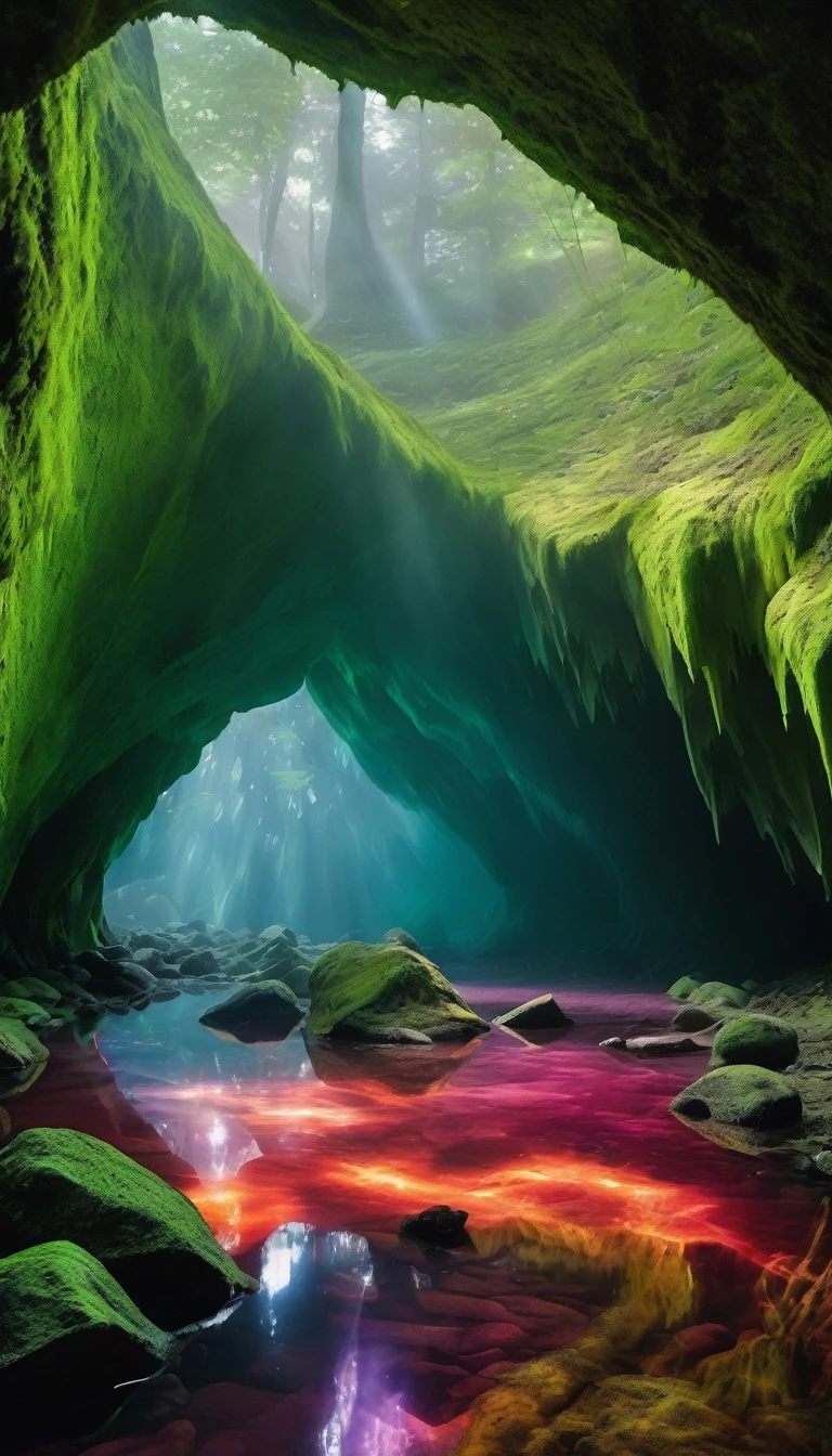 Camera: Set to look up from the forest floor to emphasize the enormity of the crystal.
     Lighting: A magical atmosphere where the sun's rays are filtered through crystals, creating a spectrum of light and color.
     Atmosphere: Add fog or haze to increase the depth and mystery of the forest.
     Color: Focus on the contrast between the lush green forest colors and the vibrant hues of the crystals.
     Additional details: Add elements like small crystals, moss-covered rocks, and flowing streams to increase realism.

 Art style:

     It is realistic, with elements of fantasy and naturalism mixed together.
     Take cues from Art Station's trending aesthetics of fantastical realism and magical realism.

 Finding some reference images to feed into your image generation software will help convey your vision. Looking for photos of ice caves in Iceland or Salar de Uyuni in Bolivia can help illustrate the reflections and refraction of crystals.