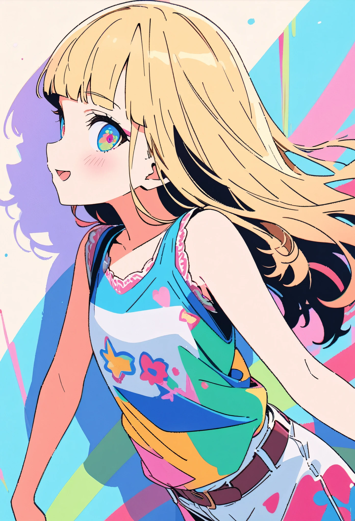 ((Masterpiece)), ((best quality)), (flat color), (flat shading), (super detail:1.2), (High Definition:1.3), ((extremely detailed)), (8K), (Professional Photography:1.2), (very aesthetic:1.2), (absurdres:1.2), (sharp focus), (perfect light), (drop shadow), (profile), ((12 years old)), cute young Girl, Glossy unruly hair, (loose blunt bangs), blonde hair with red mesh, (glitter eyes), long hair, big eyes, (long eyelashes), ((:d)), looking at viewer, blush, ((naughty smile)), open mouth, ribbon belt, joy, (cute tanktop), bare arms, cute cheeks, ((wave arms wide)), (colorful:1.3), cute makeup, ((walking on the Colorful pastel wall)), cute, (❤️🖤💗💔), Beautiful colorful flowers painting,