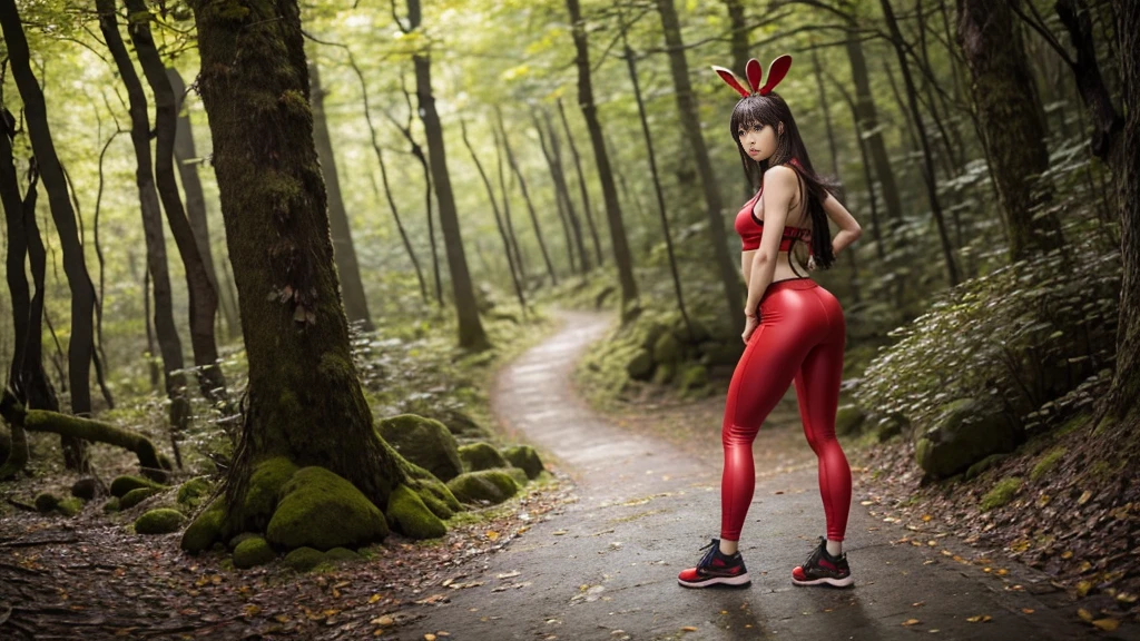 4K, realisitic, Very Detail, there is a girl in a forest, she is a samurai, war theme, extreme sexy micro thin clothing red bunny theme thong, long hair, wearing low-cut thong leggings, 25 years old, whole body, wearing gucci shoes