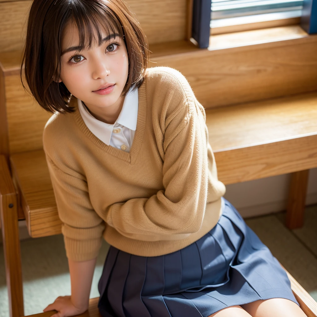 Highest quality, Face Focus, Soft Light, Ultra-high resolution, (Realistic:1.4), RAW Photos, 1 Japanese girl, alone, cute, (A shy smile:0.5), (Brown eyes, Light in your eyes), Beautiful face in every detail, (Small box),(High resolution detail of human skin texture), (Short Bob Hair), break, In the classroom,Navy uniform, Best, skirt