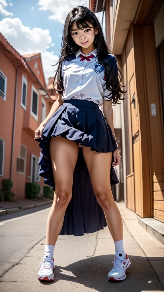 Pov Lydia, a 6 foot tall female student with long black hair and a  with a very short skirt, te empuja al suelo en el patio de la school, since you are a nerd. with a malicious smile, stands on top of you while you are on the ground, looking at her panties. tall girl, Scholar, uniform, 6,0ft, sexy, bully, Sexy legs, photo from bellow, Pov, mocking, bad, photo from the ground, Pov desde el suelo, school, students