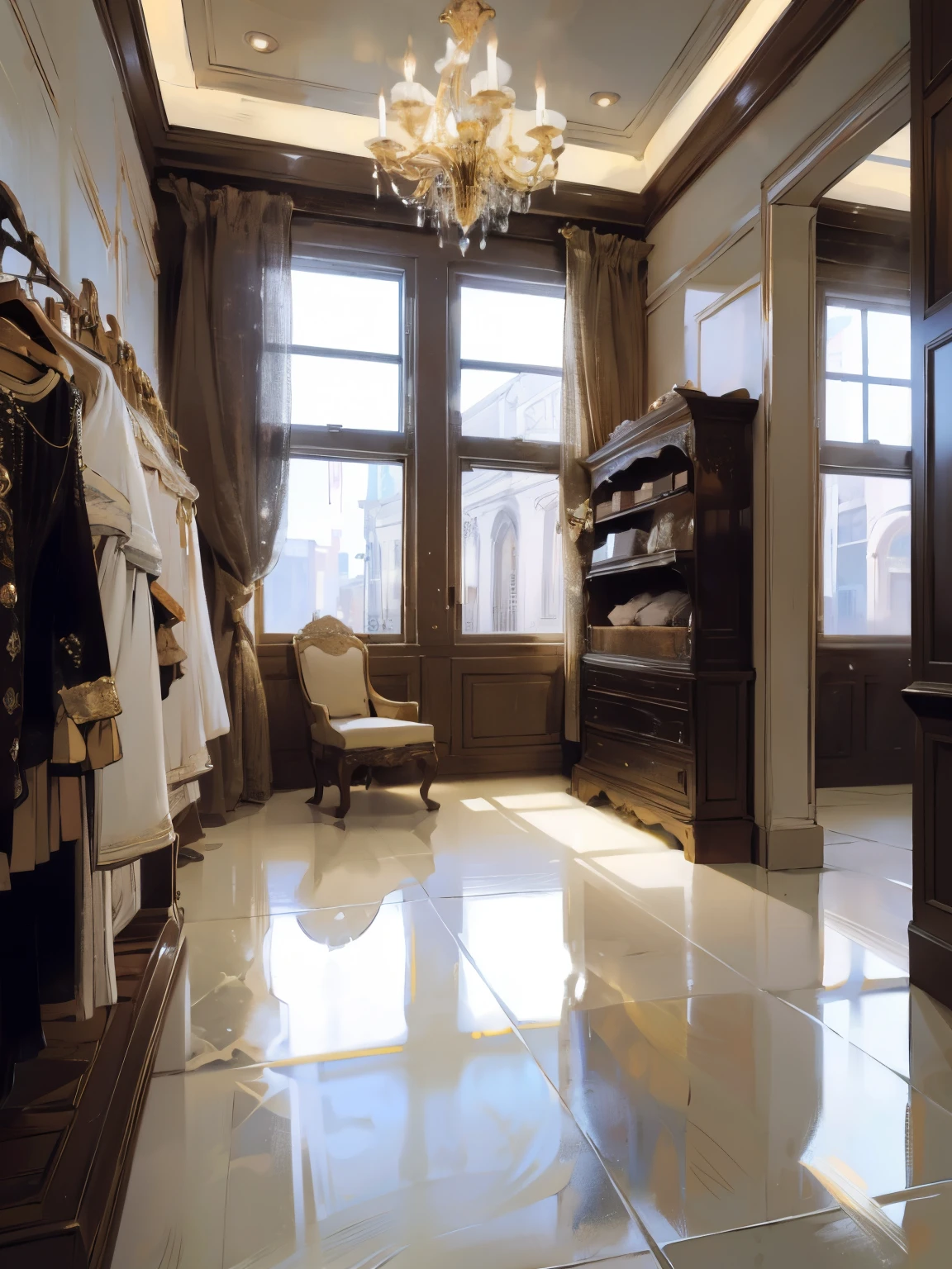 The store is a high-end, luxurious clothing boutique. The space is large and open, with high ceilings and a modern, sophisticated design. The floors are made of polished marble, and the walls are a mix of soft white and light gray tones, giving the space an elegant and clean look. There are large, full-length mirrors strategically placed throughout the store, adding depth and allowing customers to see their outfits from all angles.

The lighting is soft and warm, with a combination of recessed lights in the ceiling and stylish chandeliers hanging down, creating a welcoming and upscale atmosphere. The store is furnished with sleek, contemporary furniture, including comfortable seating areas with plush velvet chairs and small coffee tables.

The clothing is displayed on gold and chrome racks that are evenly spaced, making it easy to browse. There are also several mannequins dressed in the latest fashions placed around the store. In addition to the clothing racks, there are elegant wooden tables showcasing accessories like handbags, jewelry, and shoes. The store's entrance features large glass doors, and the front window displays are designed to showcase the latest trends and high-end pieces, drawing customers in with their stylish and sophisticated arrangements.

At the back of the store, there is a spacious and luxurious fitting area with private changing rooms. Each changing room is decorated with high-quality materials, including velvet curtains, soft carpeting, and comfortable seating. The store also features a VIP area for exclusive customers, offering personalized shopping experiences with private consultations.

Overall, the luxury clothing store exudes an air of exclusivity and elegance, with every detail carefully designed to create a refined and luxurious shopping experience.