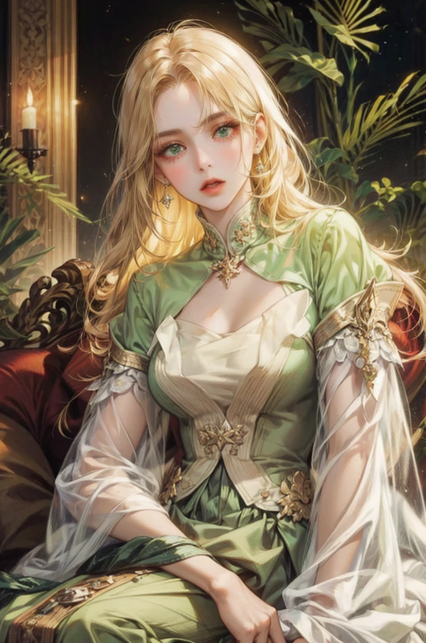 Noble woman, Caucasian skin, purples eyes, white hair color, comprido